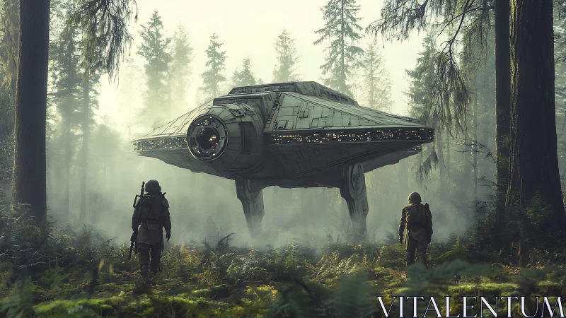 Retro-futurist exploration dropship landing in misty conifer forest