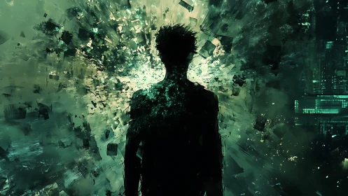 Silhouette amid fragmented digital particles in green void.