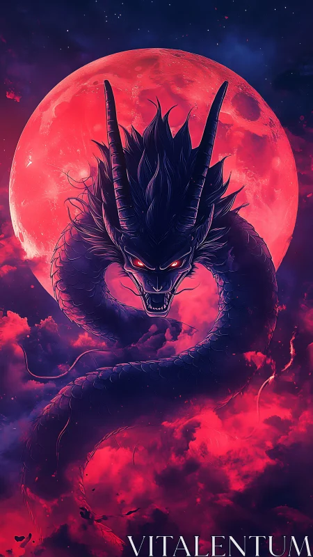 Blood-moon serpent dragon coils through crimson storm skies.