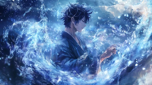 Male mage controls luminous aqueous vortex with cinematic lighting