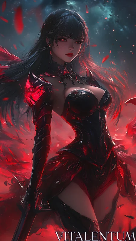 Dark anime warrioress in blazing crimson magic armor.