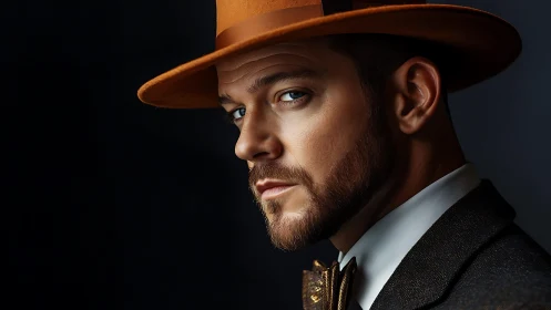 Sharp portrait of man in amber fedora on black background.