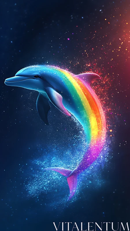 Prismatic dolphin comet surfing neon tides of starlit sea.