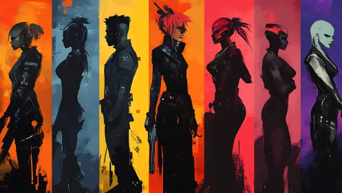 Neon shadow operatives stride through prismatic cyber columns.