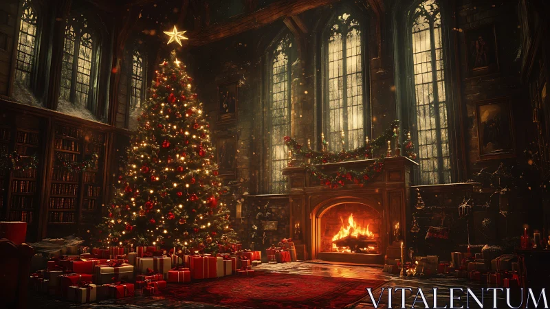 Grand hall Christmas tree beside roaring stone fireplace.