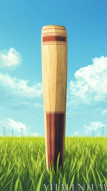 Cricket bat upright in sunlit grass under clear sky.