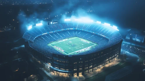 Night aerial view of illuminated football stadium under mist