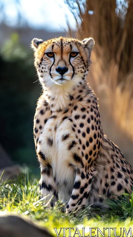 Cheetah sitting in sunlit grass with blurred natural background.