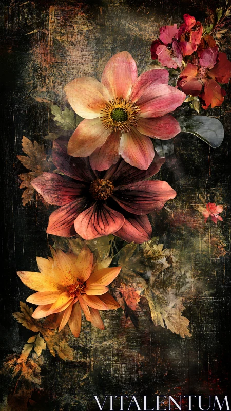 Layered Botanical Composition with Distressed Textural Substrate