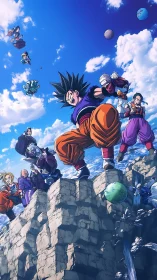 Dynamic heroes launch into action above rugged cliffs