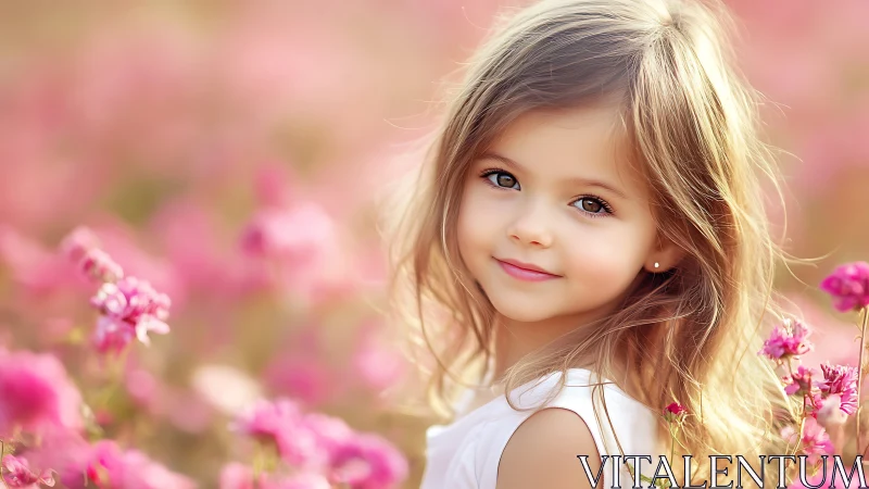 Young Child Portrait with Selective Focus Floral Environment.