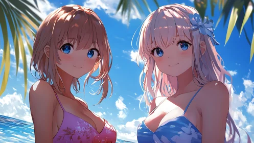 Smiling anime beach girls share a bright, sunlit summer moment