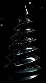 Glossy black spiral tree form with suspended light particles.