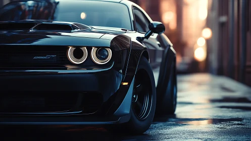 Black muscle car close-up in moody urban street light.