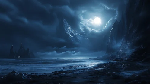 Moonlit storm over a haunted frozen shoreline unfolds silently