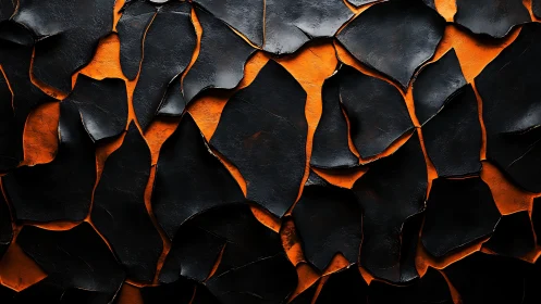 Charred black shards expose molten orange abstract ground.