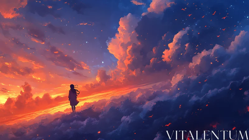 Solitary silhouette over blazing twilight cloud sea.