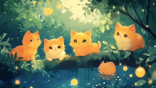 Five Stylized Orange Felines in Verdant Forest Environment with Luminescent Particle Effects
