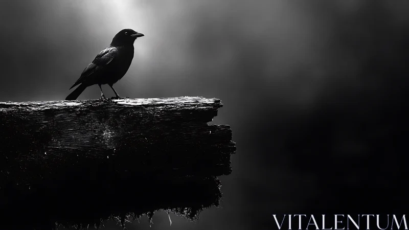 Solitary Corvid Positioned on Weathered Wooden Outcrop Against Atmospheric Monochromatic Backdrop