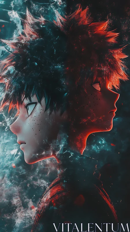 Dual ember-hearted hero mirrored in storm-lit neon haze.