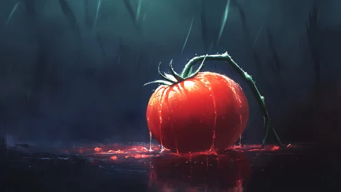 Tomato in the rain, glowing like a quiet midnight lantern.