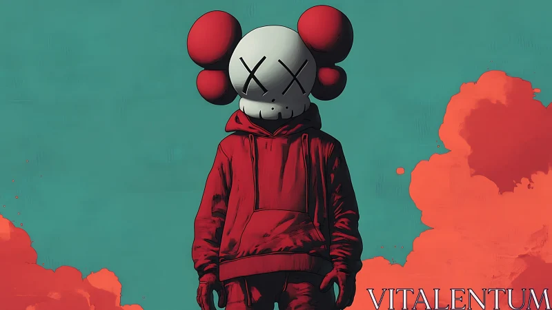 Hooded figure with stylized skull mask in red smoke field.