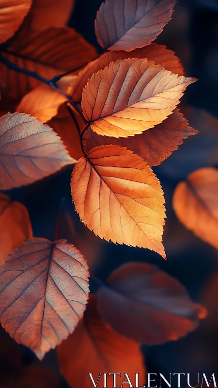Macro study of orange autumn leaves with cool blue bokeh contrast