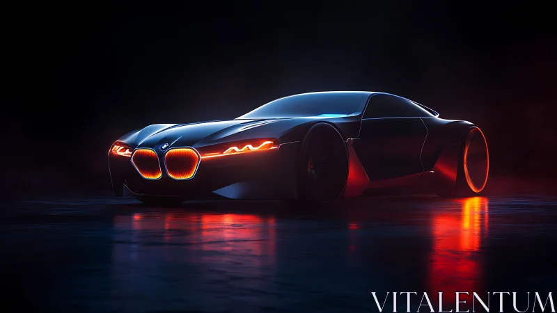 Futuristic BMW concept coupe with neon red lighting at night