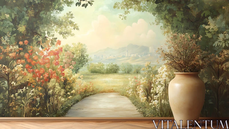 Pastel landscape mural with city horizon and ceramic vase.