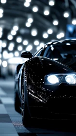 Midnight sports car glides under glowing city lights