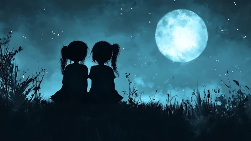Silhouetted children observe a luminous full moon in nightscape