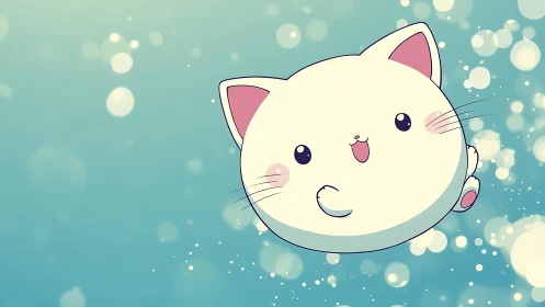 Bubble-round kitten drifts through teal sparkles of joy