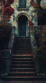 Gothic stone staircase ascends to ivy-clad autumn doorway