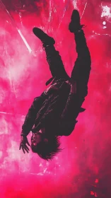 Inverted cyber-noir dancer suspended in neon magenta haze