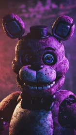Purple animatronic bunny grins under neon carnival gloom