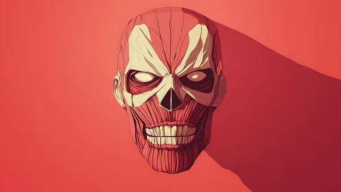 Bold stylized skull portrait glows against a vivid red field