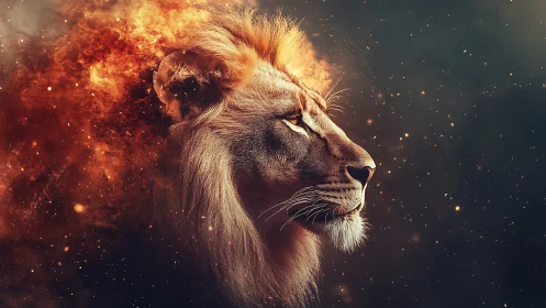 Lion profile merged with fiery abstract particle field