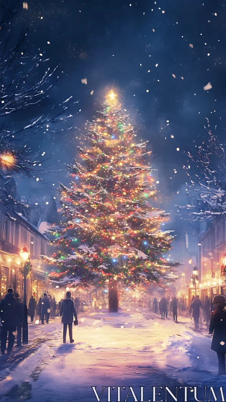 Central plaza Christmas tree under diffuse snowy night illumination