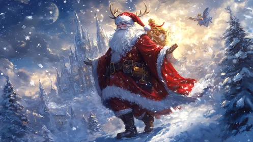 Majestic Santa strides through a moonlit, snowy fantasy realm.