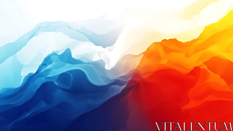 Abstract waves of fire and ice flow toward luminous sky.