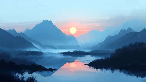 Serene blue mountains and river at soft pastel sunrise.