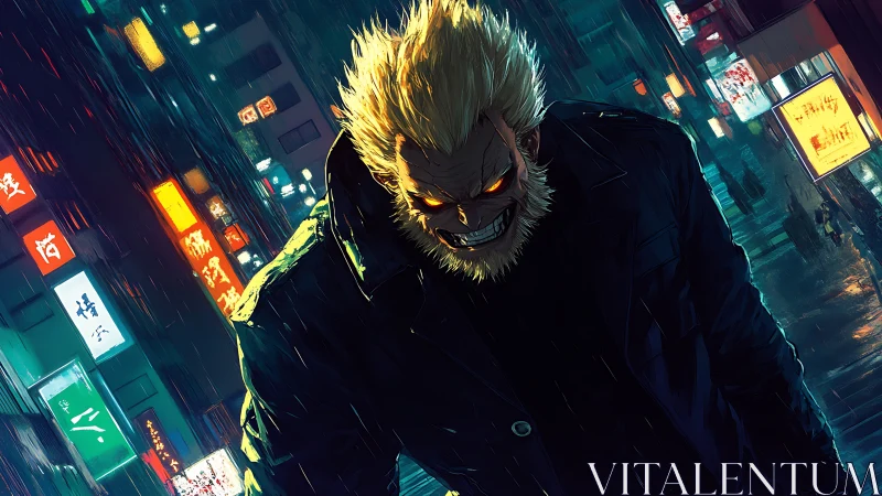 Demonic brute stalks neon city street under heavy rain.