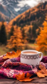 Hot drink on blanket in front of colorful autumn mountains.