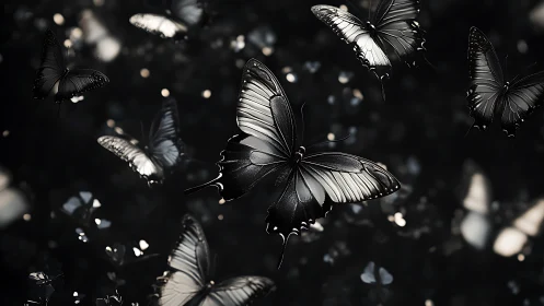 Midnight butterflies drifting through a dreamy silver hush.