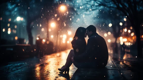 Rainy Urban Romance Captured in Golden Bokeh Glow.