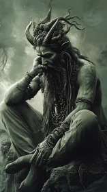 Horned forest sage in contemplative seated profile, monochrome green