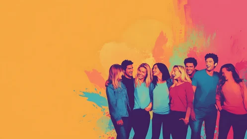 Young friends standing together on vivid color backdrop.