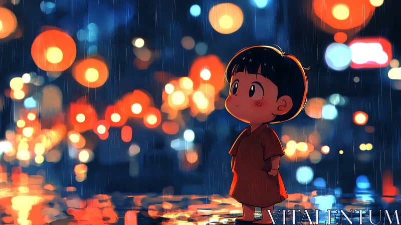 Child in neon rain with luminous bokeh reflections at night.