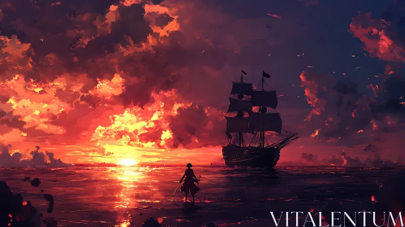 Pirate silhouette facing tall ship at fiery ocean sunset.