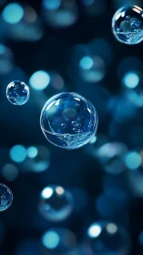 Translucent blue bubbles drift through deep bokeh space